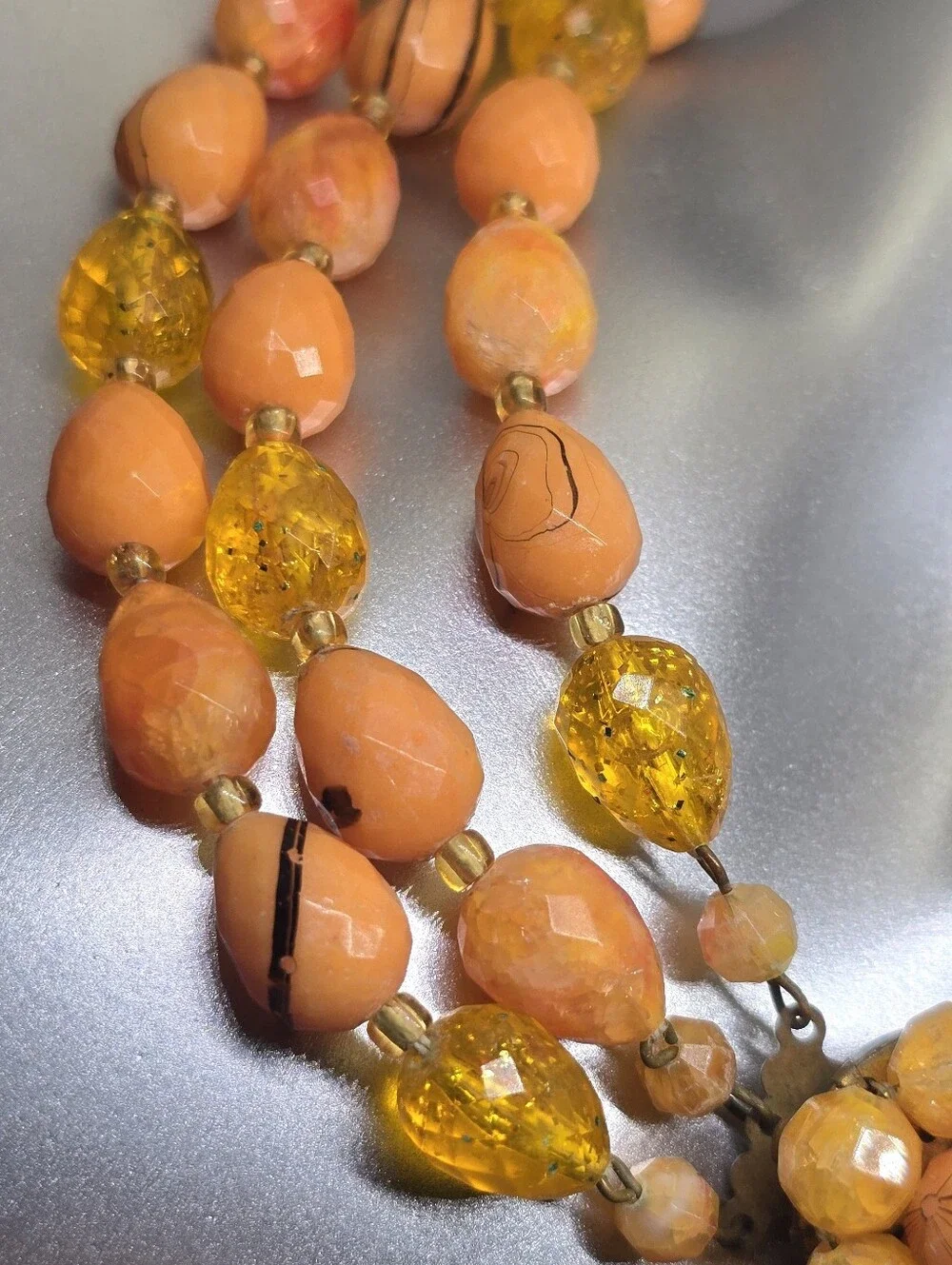 West Germany Vintage Peach  Acrylic Faceted Bead Signed 3 Strand Necklace MC